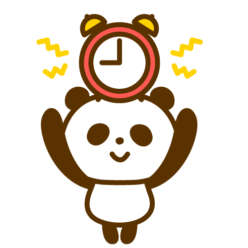 目覚まし時計を持って時間を示すパンダのイラスト